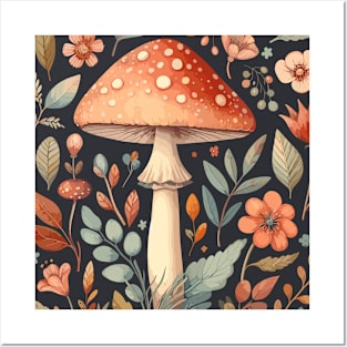 Orange Mushroom Flowers and Leaves Pattern Posters and Art